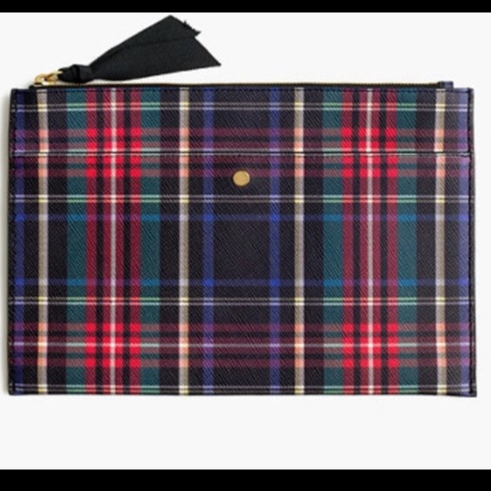 J Crew Medium Leather Clutch Stewart Plaid NWT